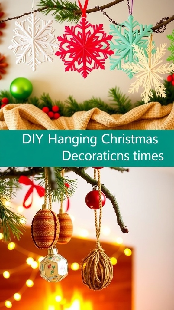 A collection of DIY Christmas decorations including paper snowflakes, fabric garland, and dried fruit ornaments in a festive setting.